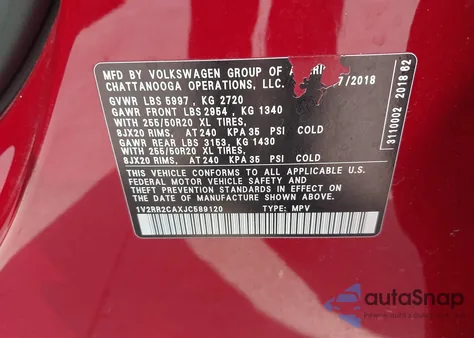 2018 Volkswagen Atlas 3.6L V6 Sel z USA, uszkodzony, nr VIN 1V2RR2CAXJC589120